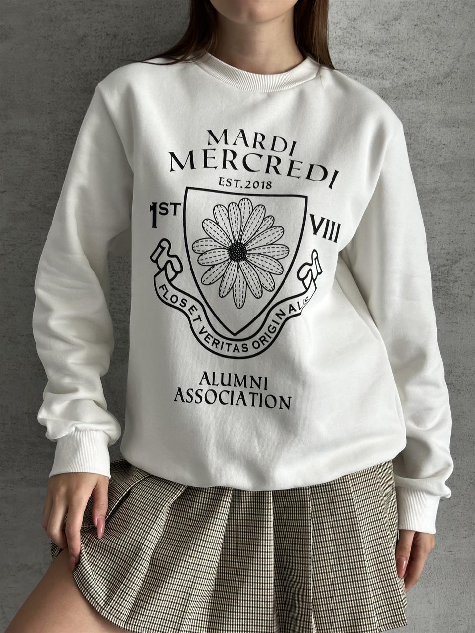 Mardi Baskılı Unisex Beyaz Sweatshirt