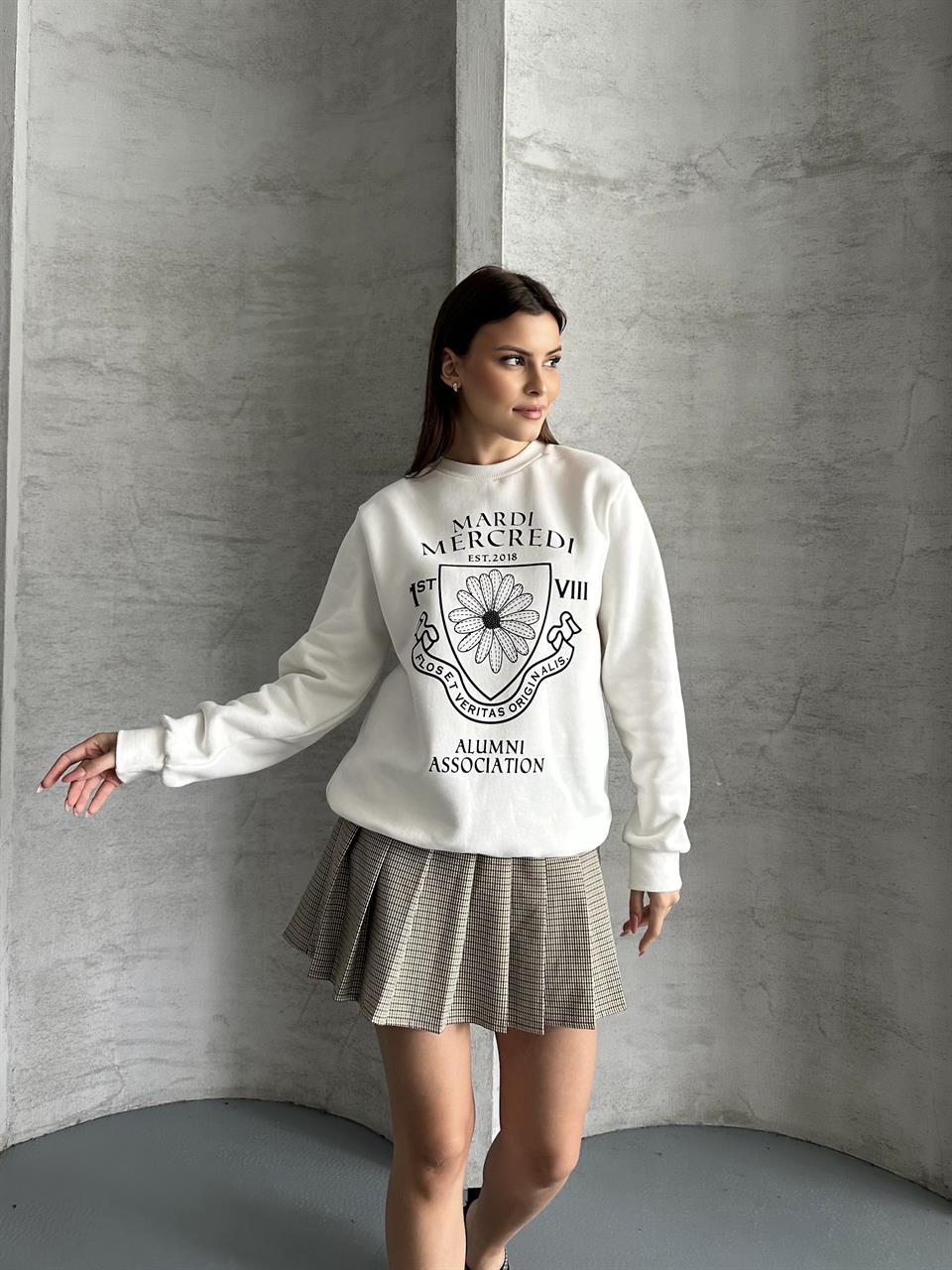Mardi Baskılı Unisex Beyaz Sweatshirt