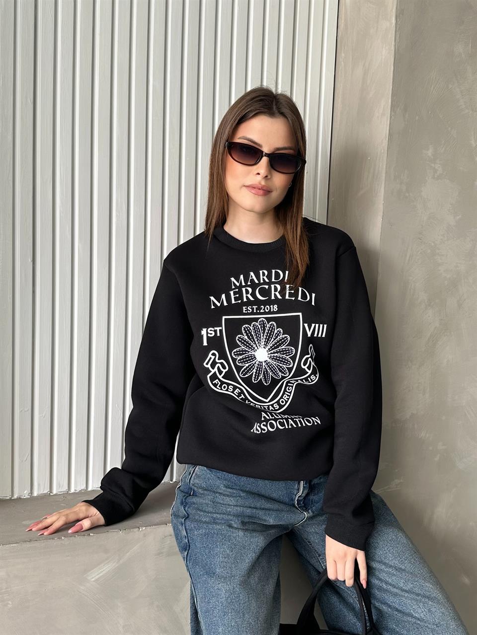 Mardi Baskılı Unisex Siyah Sweatshirt