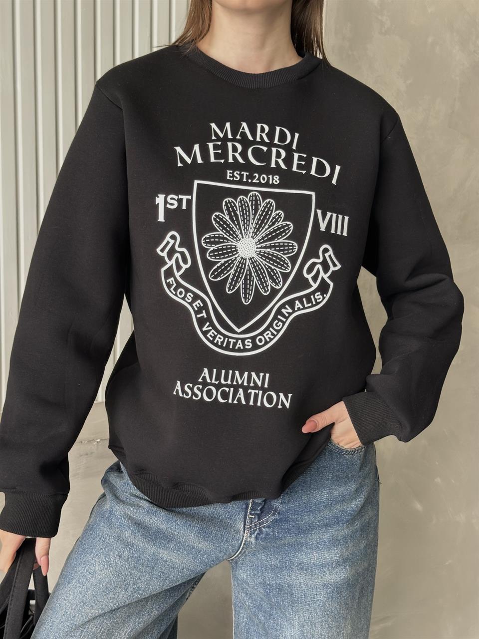 Mardi Baskılı Unisex Siyah Sweatshirt
