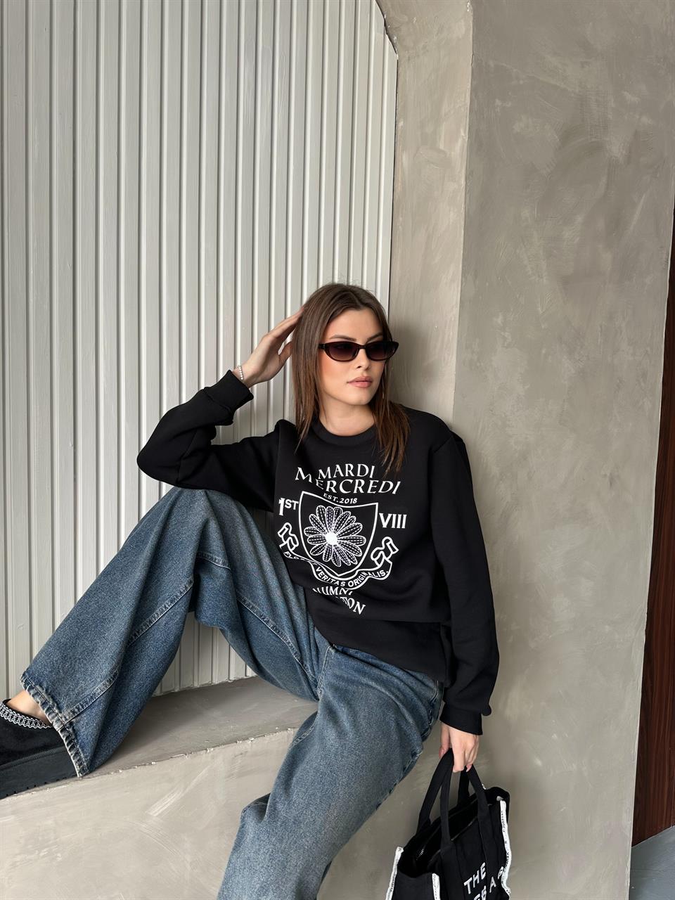 Mardi Baskılı Unisex Siyah Sweatshirt