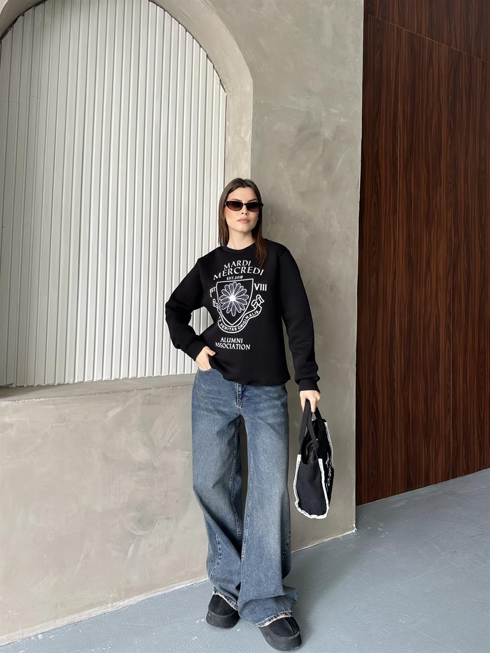 Mardi Baskılı Unisex Siyah Sweatshirt