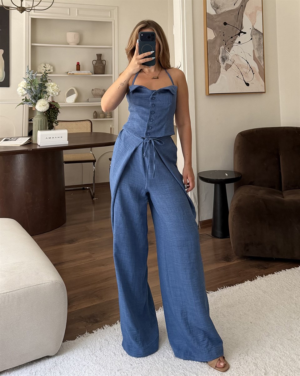 Mavi Askılı Büstiyer Pantolon Takım