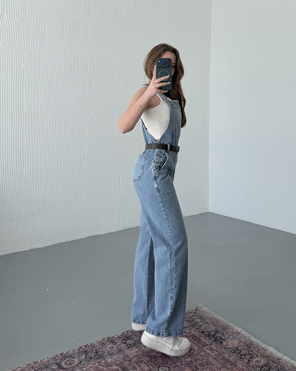 Kemerli Açık Mavi Denim Salopet Tulum