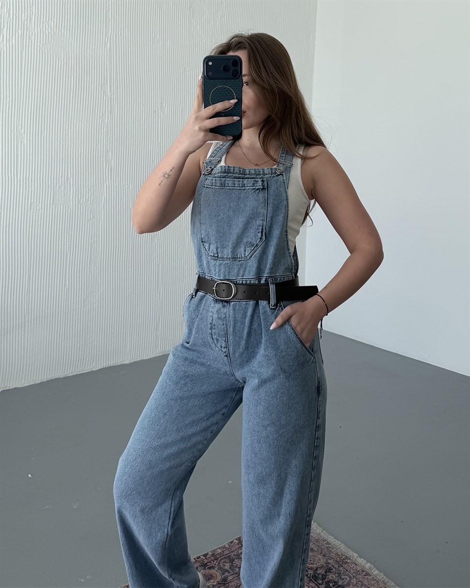 Kemerli Açık Mavi Denim Salopet Tulum