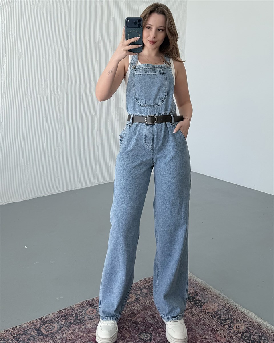 Kemerli Açık Mavi Denim Salopet Tulum