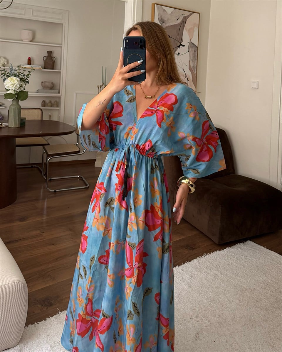 Mavi Çiçekli Kimono Elbise