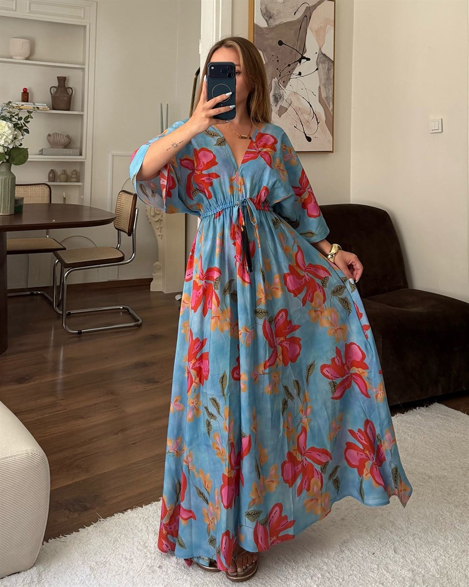 Mavi Çiçekli Kimono Elbise