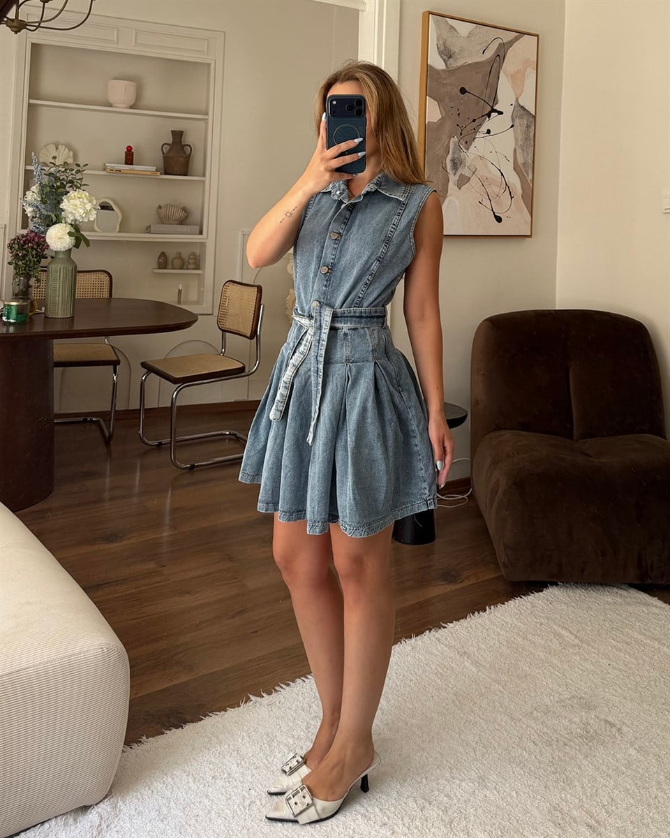 Mavi Düğme Kapamalı Denim Elbise