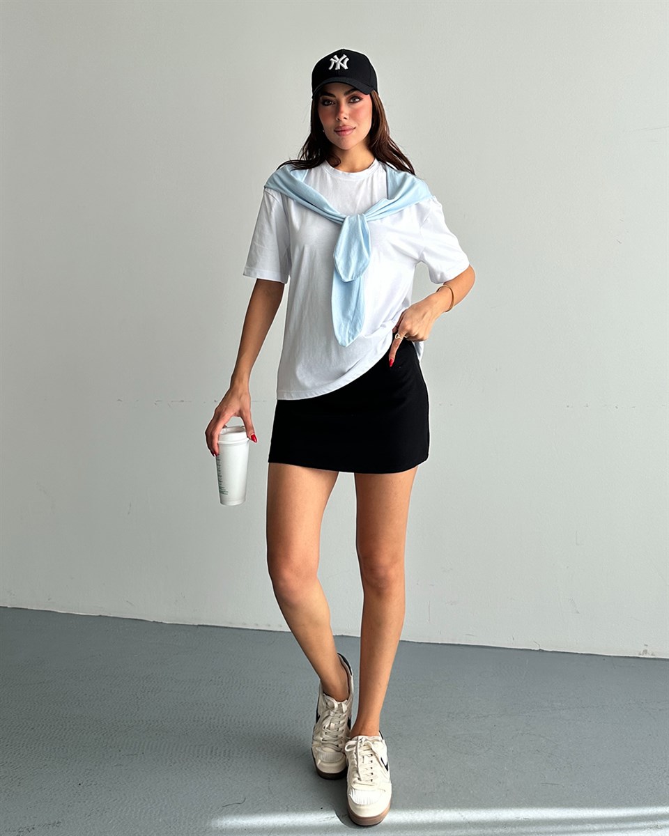 Mavi Fular Detaylı Oversize Tişört