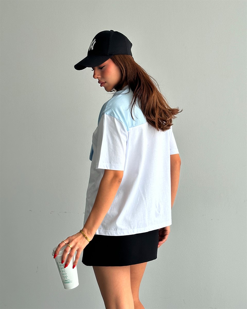 Mavi Fular Detaylı Oversize Tişört