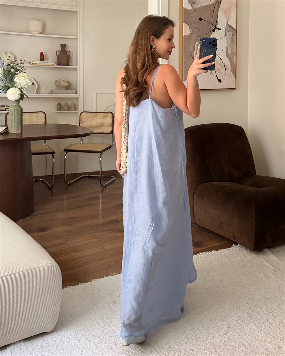 Mavi Halter Yaka Maxi Elbise