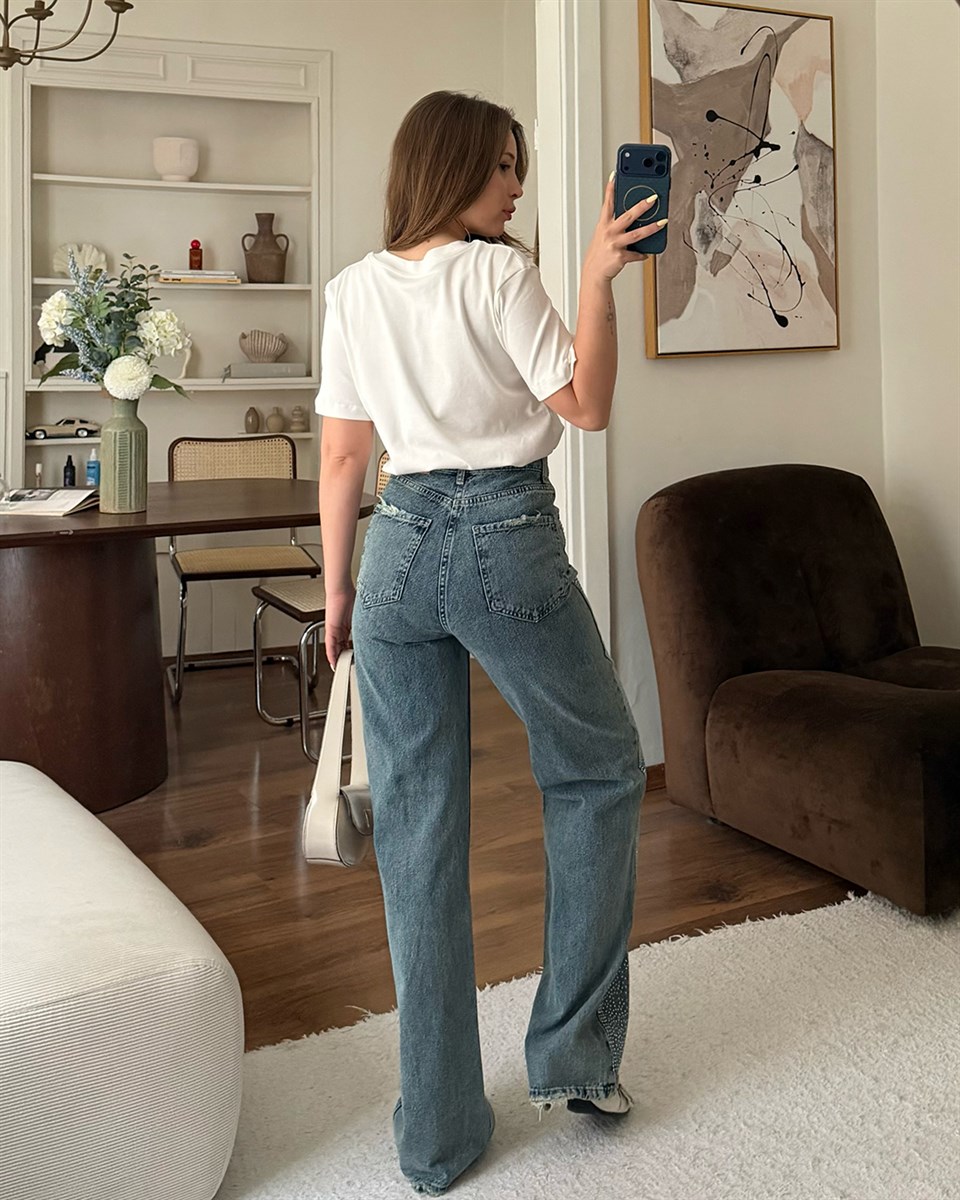 Mavi Taş Şeritli Wide Leg Jean