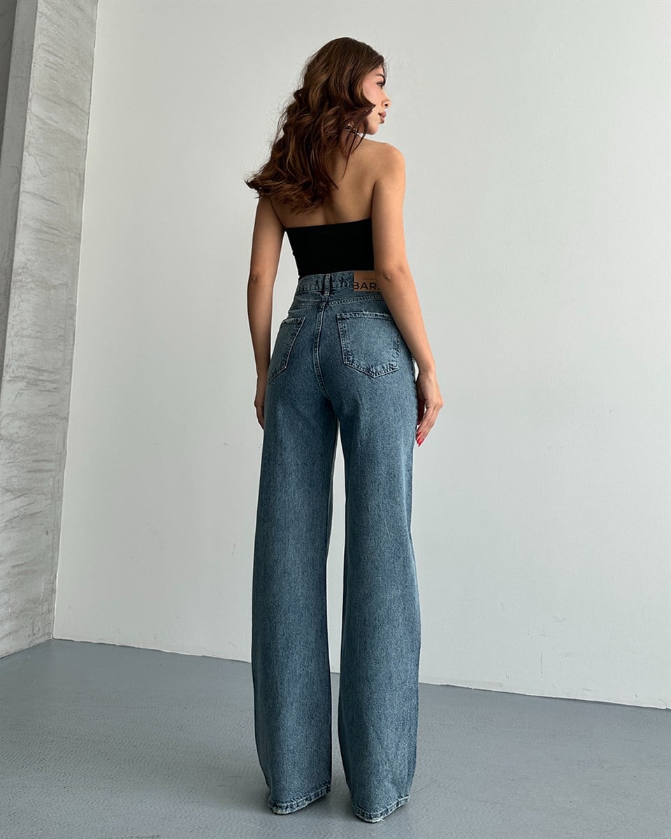 Mavi Taş Şeritli Wide Leg Jean