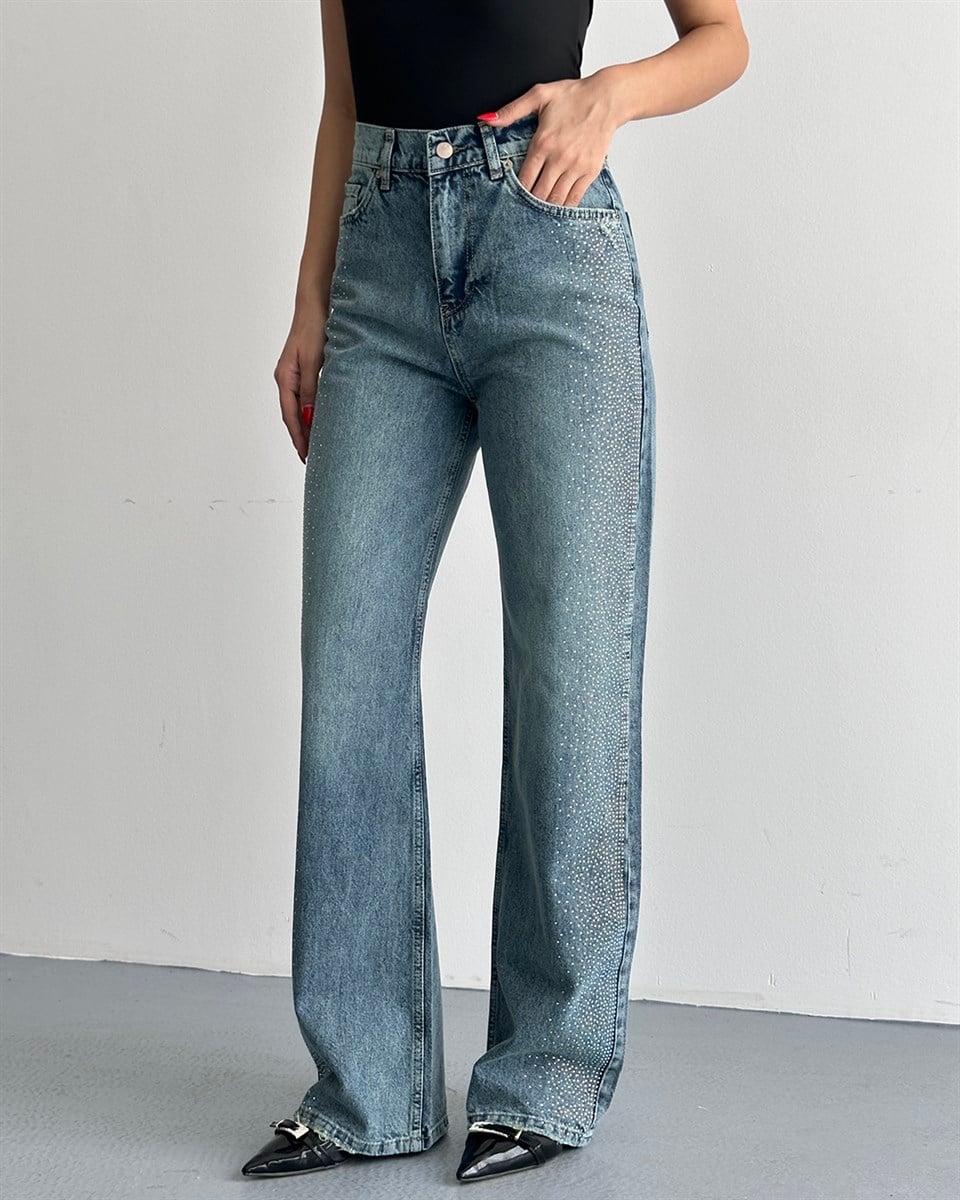 Mavi Taş Şeritli Wide Leg Jean