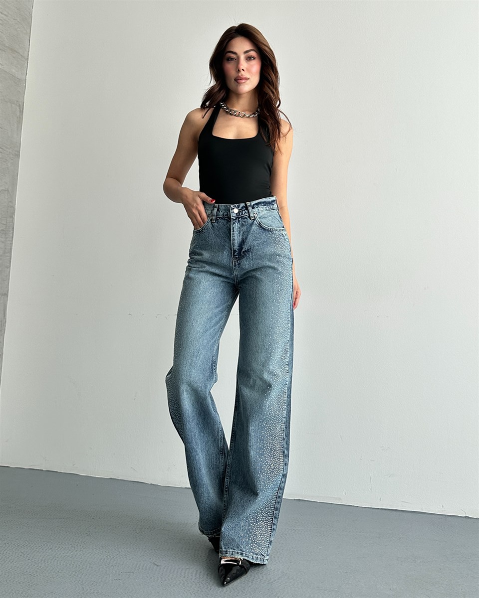 Mavi Taş Şeritli Wide Leg Jean