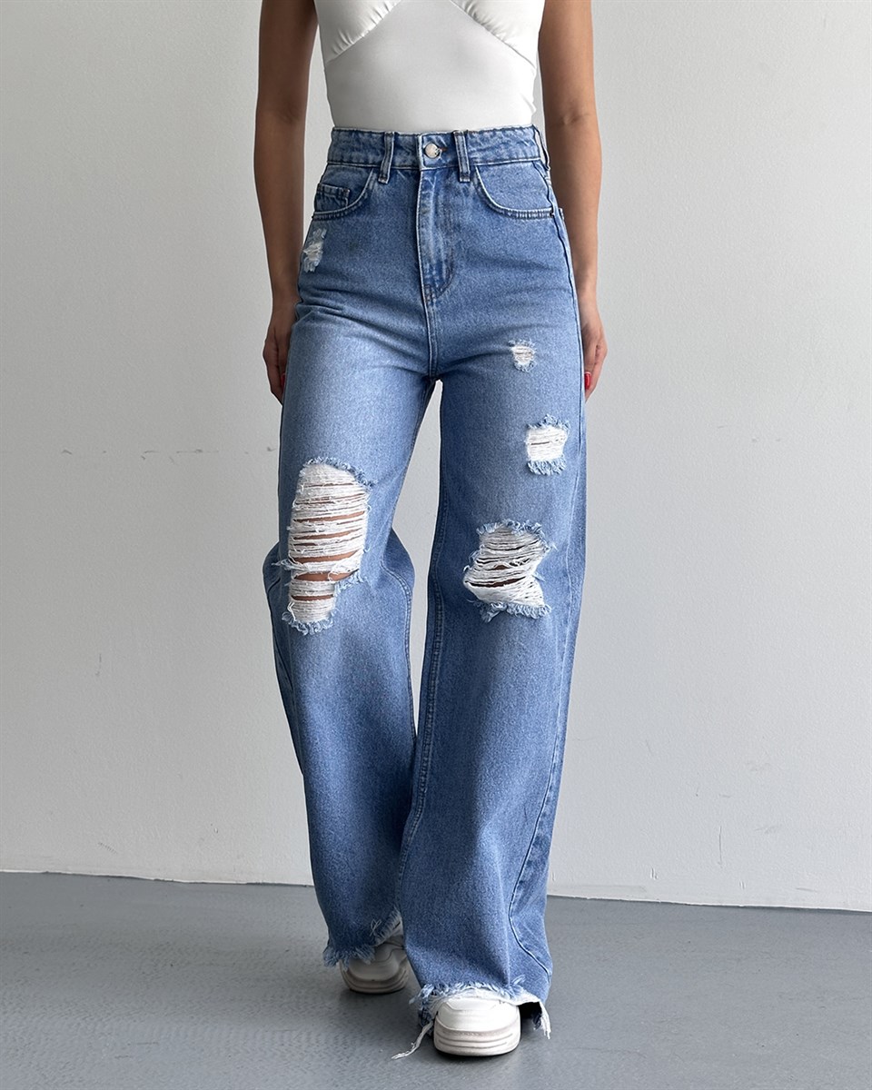 Mavi Yırtık Detaylı Wide Leg Jean