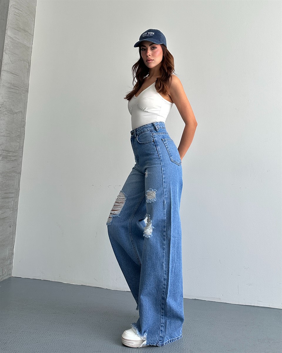Mavi Yırtık Detaylı Wide Leg Jean