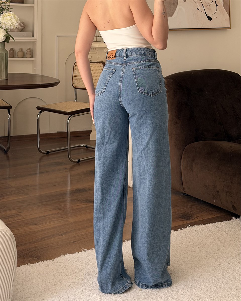 Mavi Yırtık Detaylı Wide Leg Jean