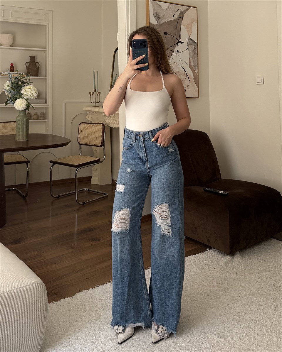 Mavi Yırtık Detaylı Wide Leg Jean