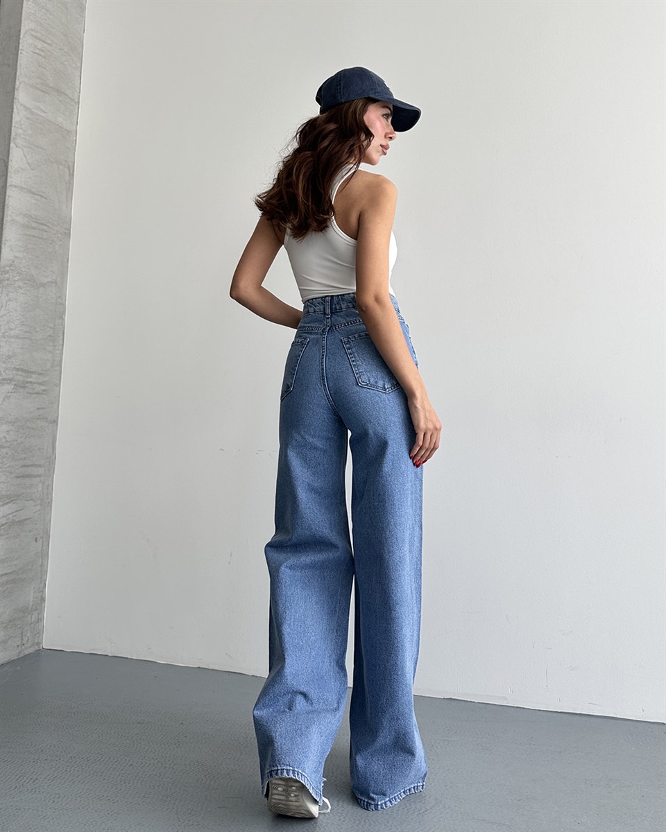 Mavi Yırtık Detaylı Wide Leg Jean