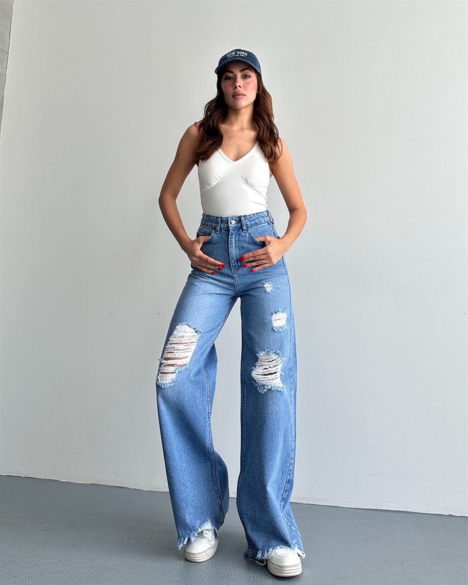 Mavi Yırtık Detaylı Wide Leg Jean