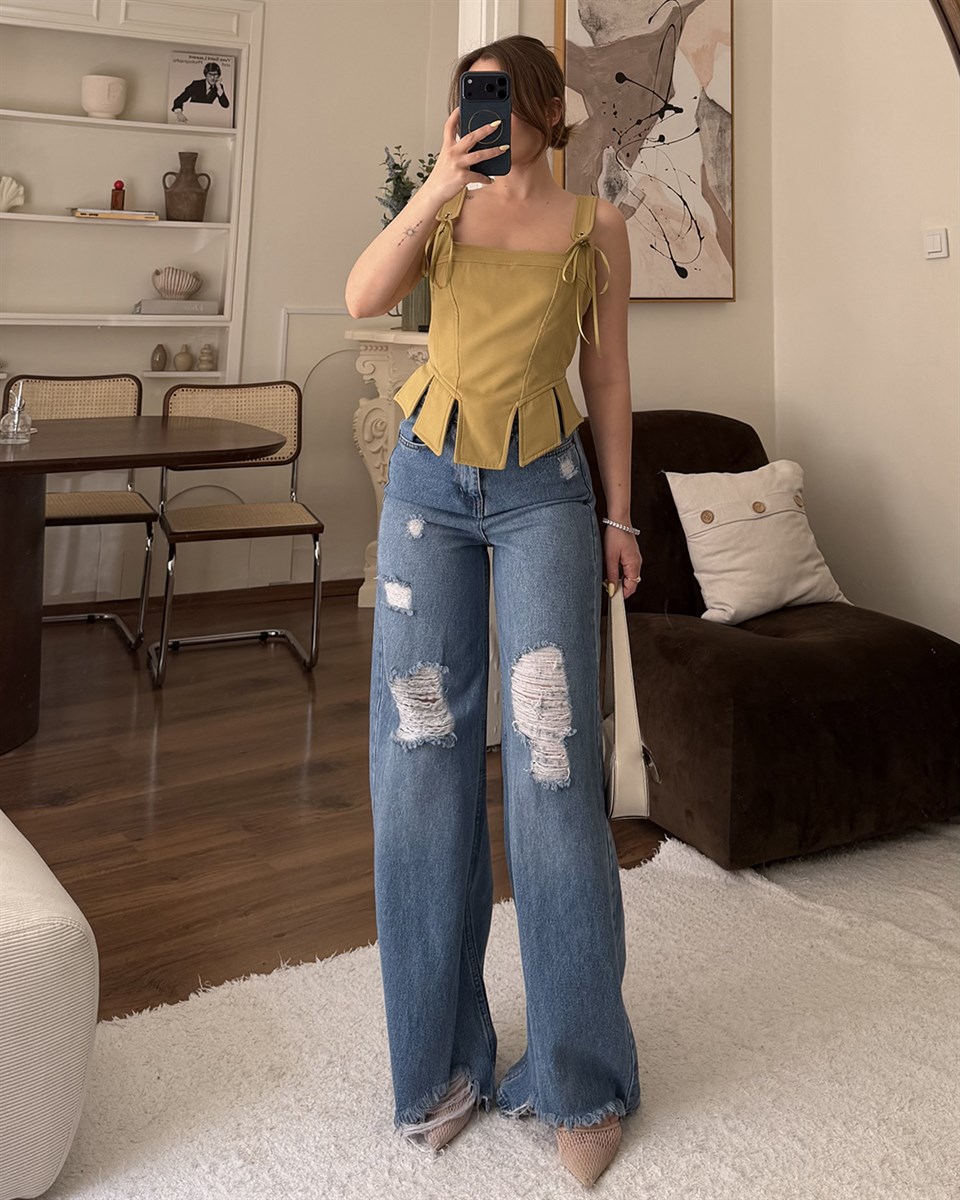 Mavi Yırtık Detaylı Wide Leg Jean