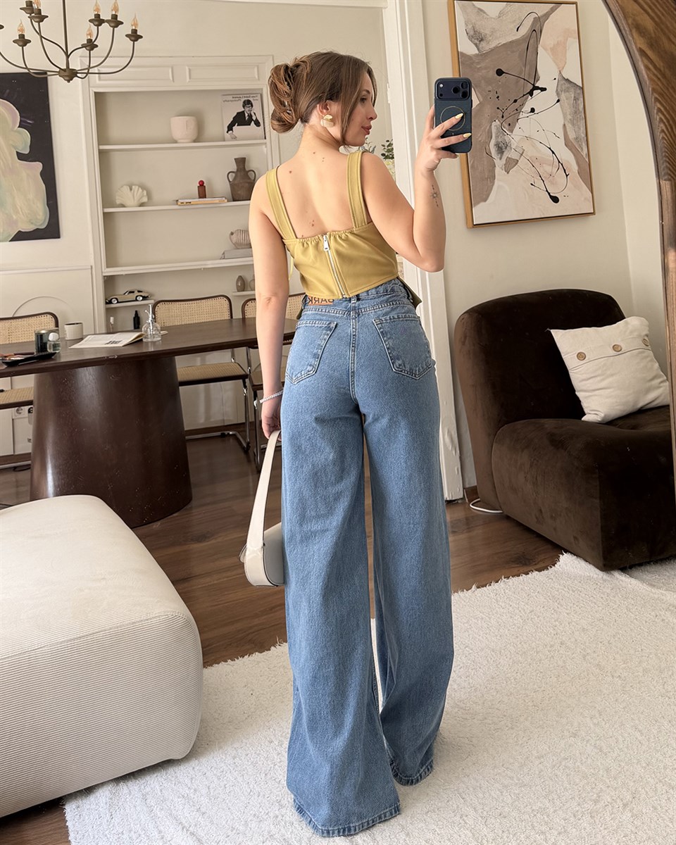 Mavi Yırtık Detaylı Wide Leg Jean