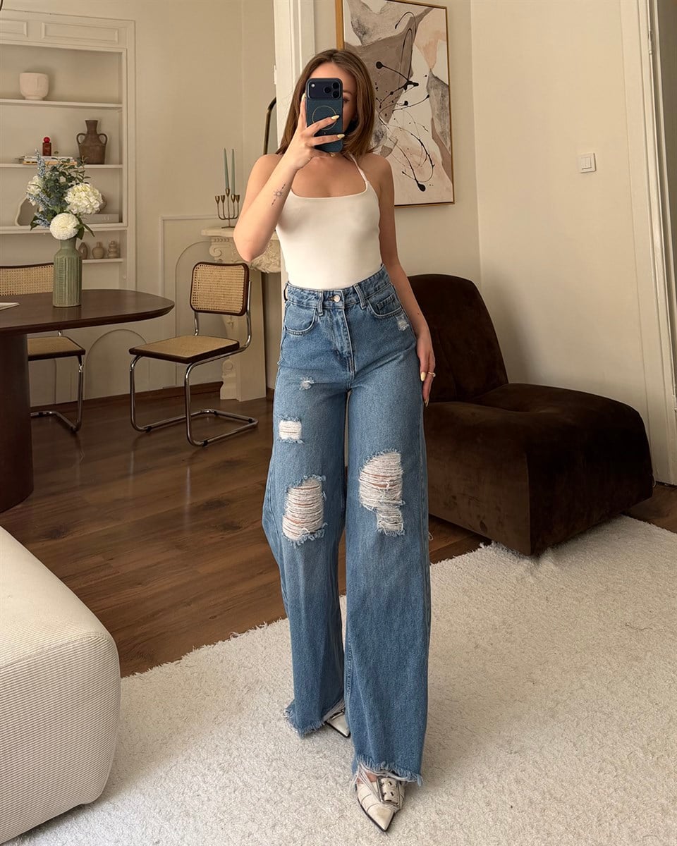 Mavi Yırtık Detaylı Wide Leg Jean