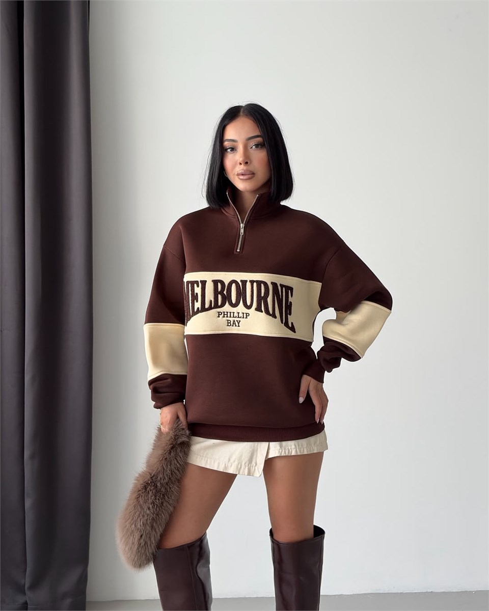 Melbourne Kabartma Nakışlı Yarım Fermuarlı Kahverengi Sweatshirt