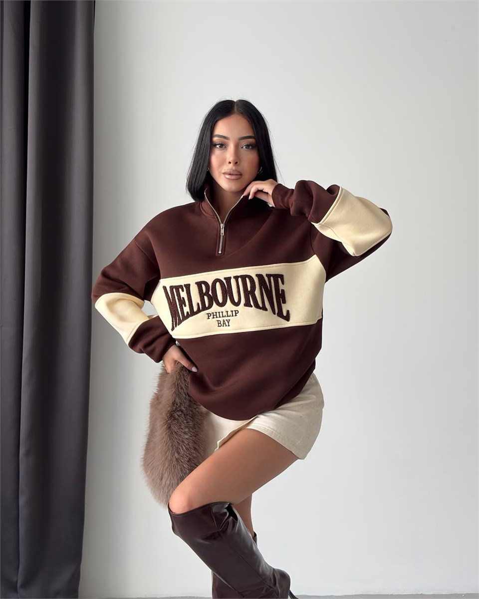 Melbourne Kabartma Nakışlı Yarım Fermuarlı Kahverengi Sweatshirt
