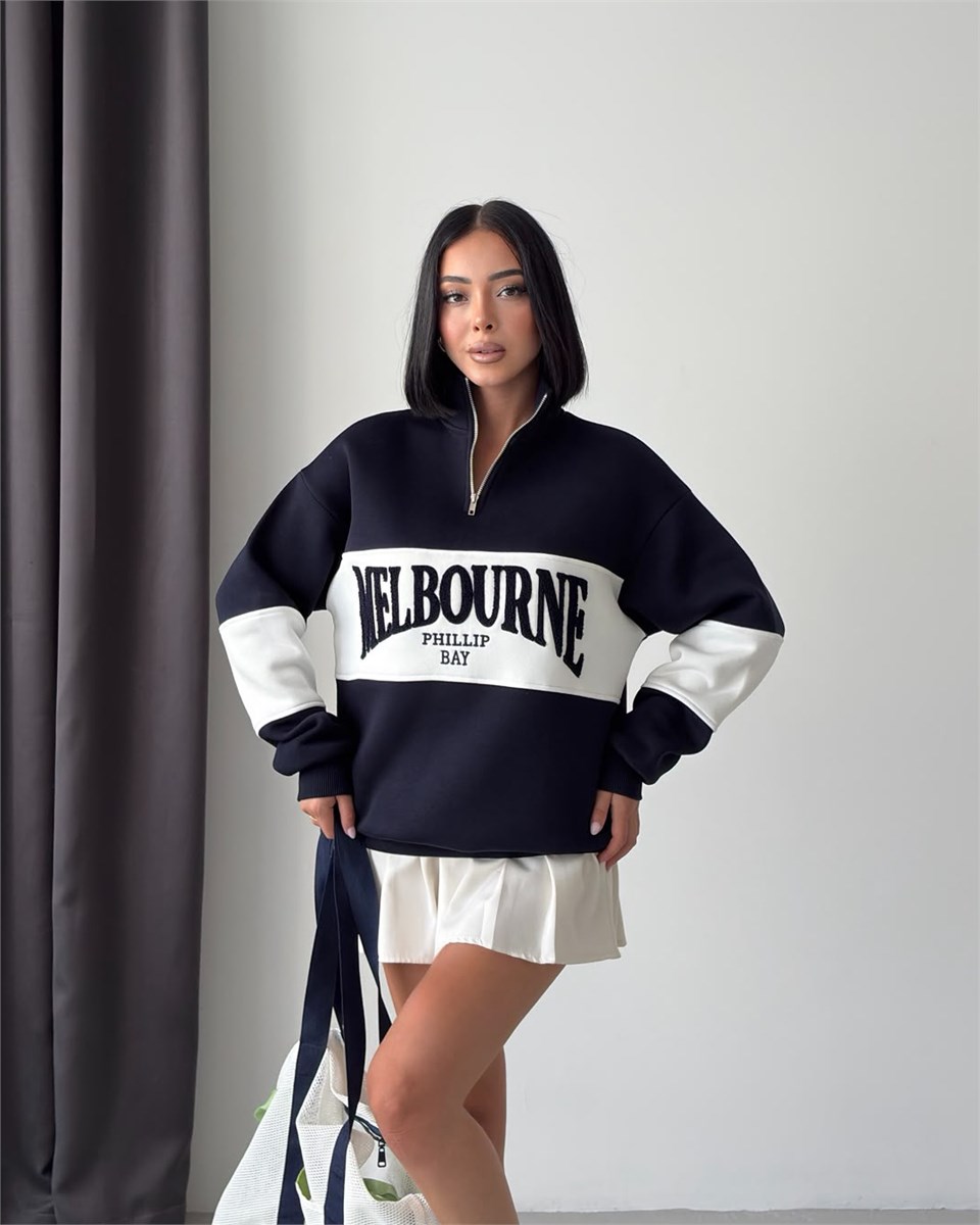 Melbourne Kabartma Nakışlı Yarım Fermuarlı Lacivert Sweatshirt