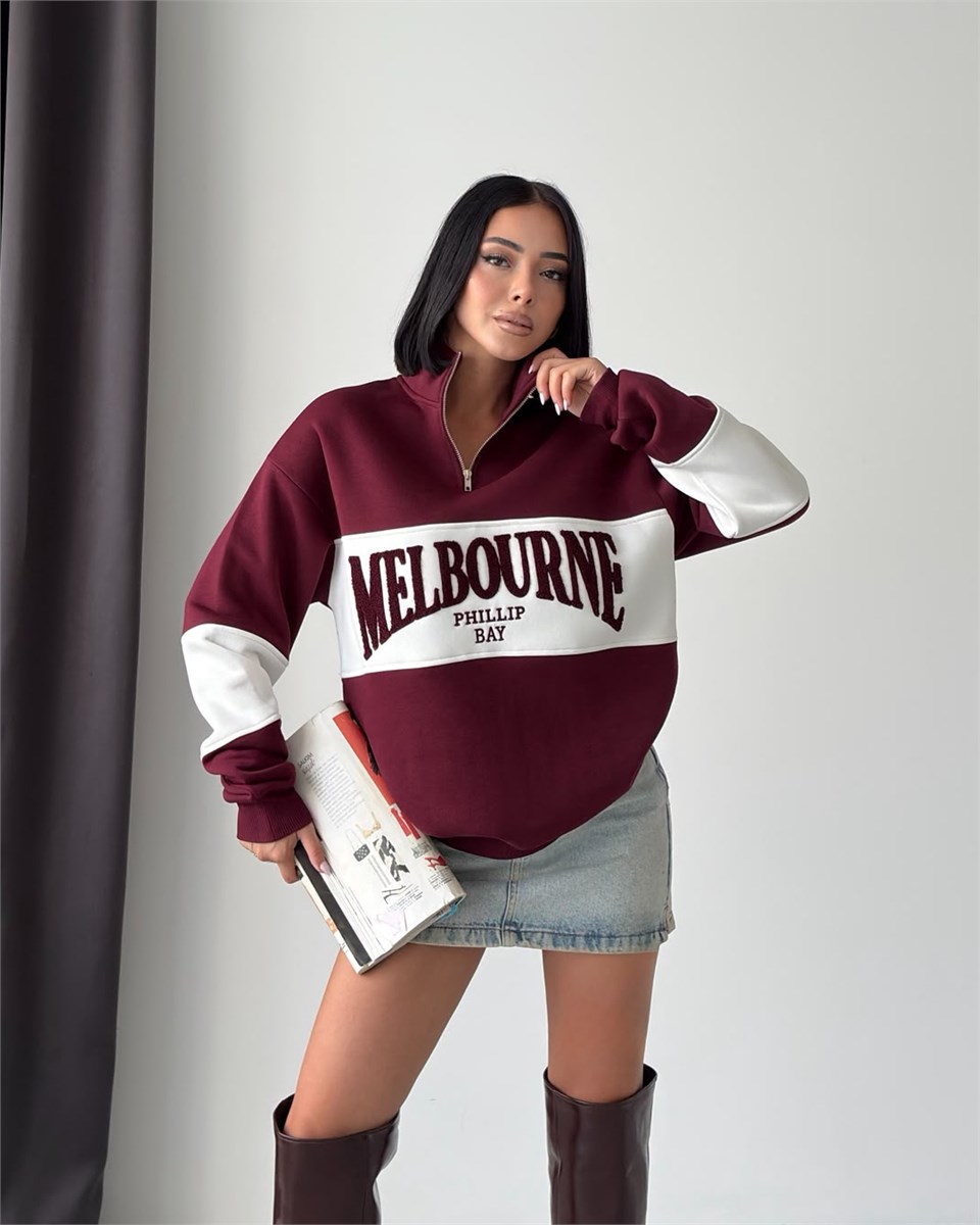 Melbourne Kabartma Nakışlı Yarım Fermuarlı Bordo Sweatshirt
