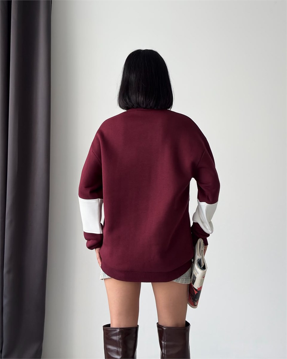 Melbourne Kabartma Nakışlı Yarım Fermuarlı Bordo Sweatshirt