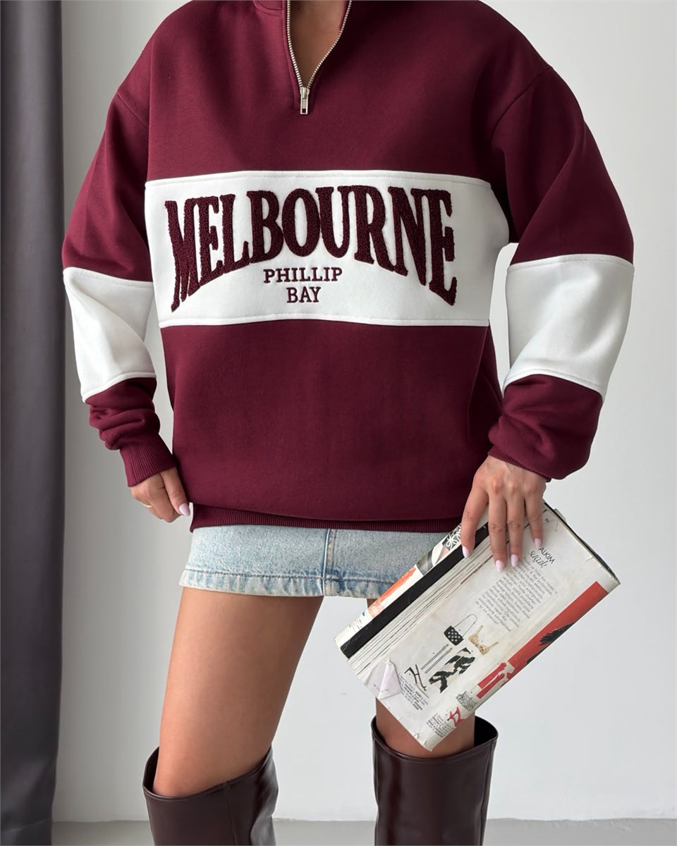 Melbourne Kabartma Nakışlı Yarım Fermuarlı Bordo Sweatshirt