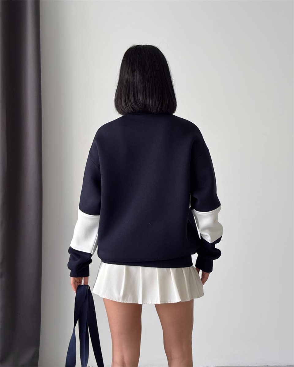 Melbourne Kabartma Nakışlı Yarım Fermuarlı Lacivert Sweatshirt