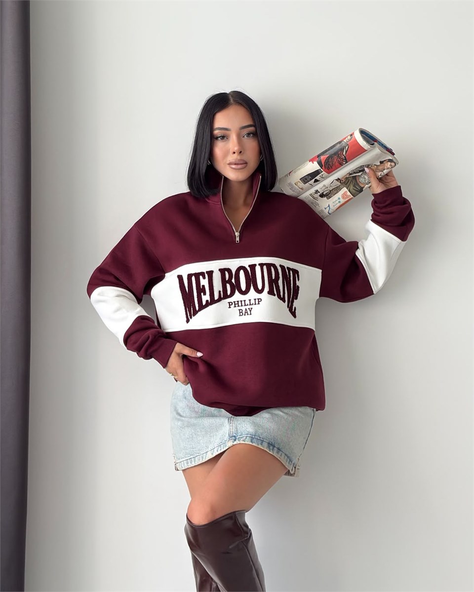 Melbourne Kabartma Nakışlı Yarım Fermuarlı Bordo Sweatshirt
