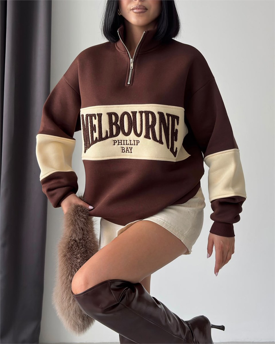 Melbourne Kabartma Nakışlı Yarım Fermuarlı Kahverengi Sweatshirt