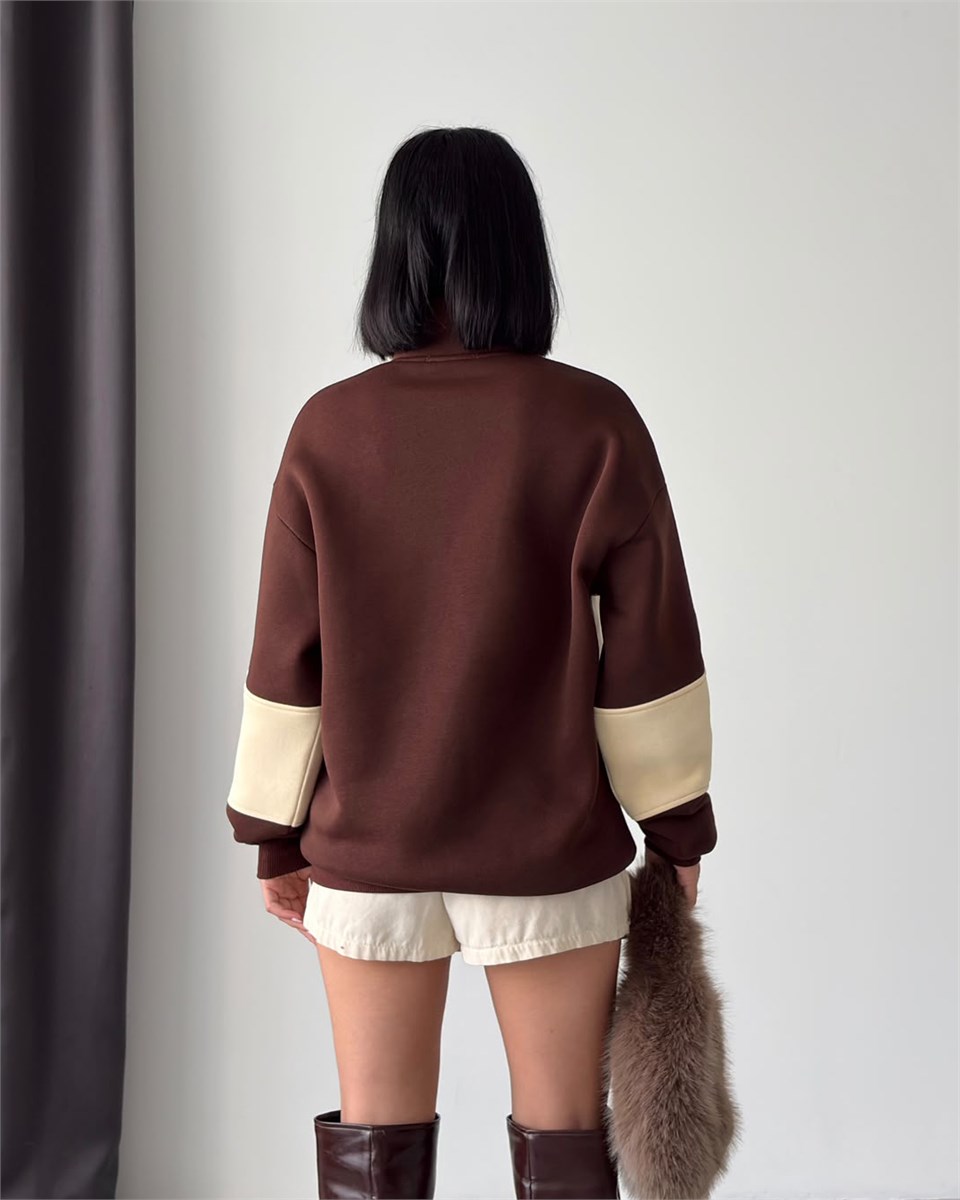Melbourne Kabartma Nakışlı Yarım Fermuarlı Kahverengi Sweatshirt