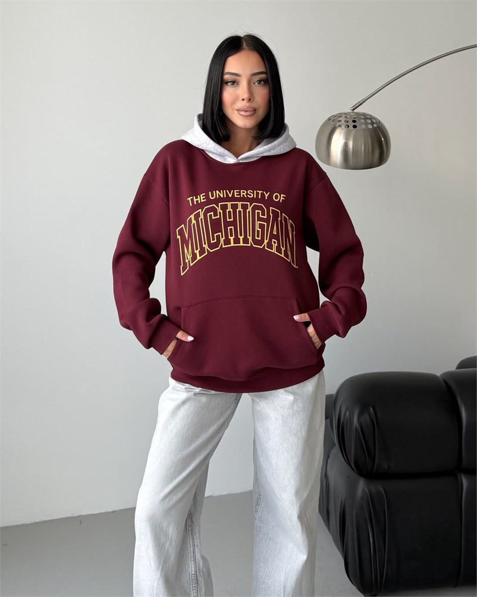 Michigan Baskılı Kapüşonlu Oversize Bordo Sweatshirt