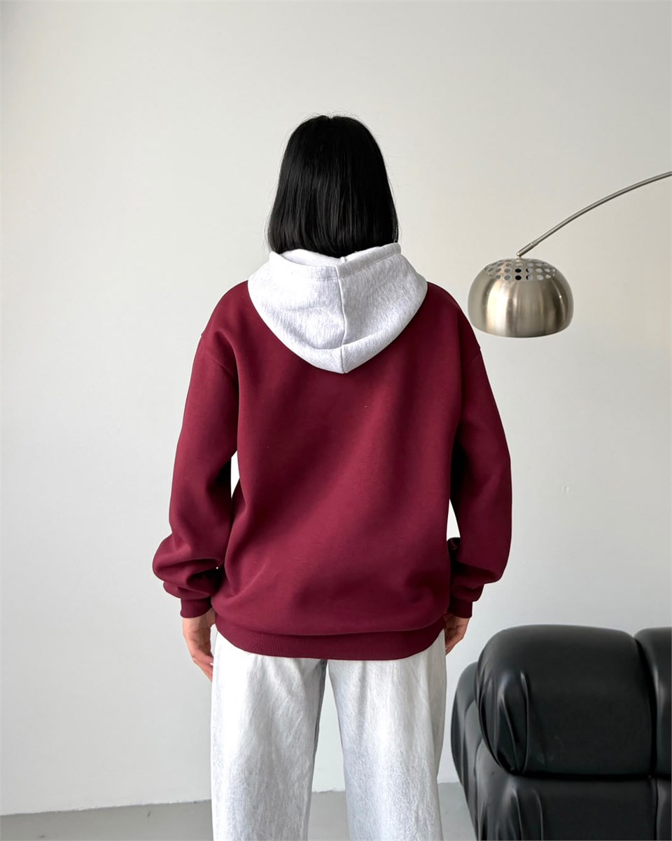 Michigan Baskılı Kapüşonlu Oversize Bordo Sweatshirt