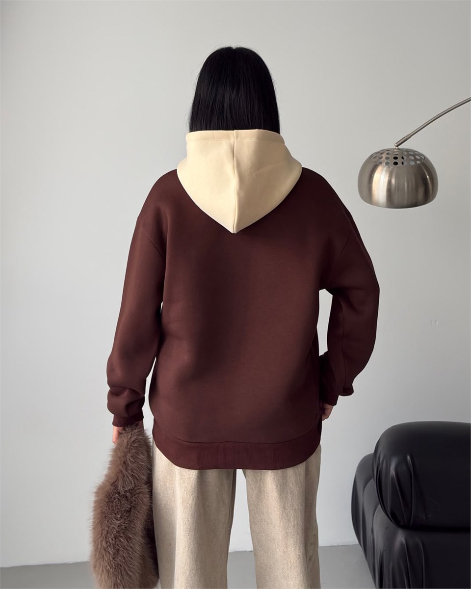 Michigan Baskılı Kapüşonlu Oversize Kahverengi Sweatshirt