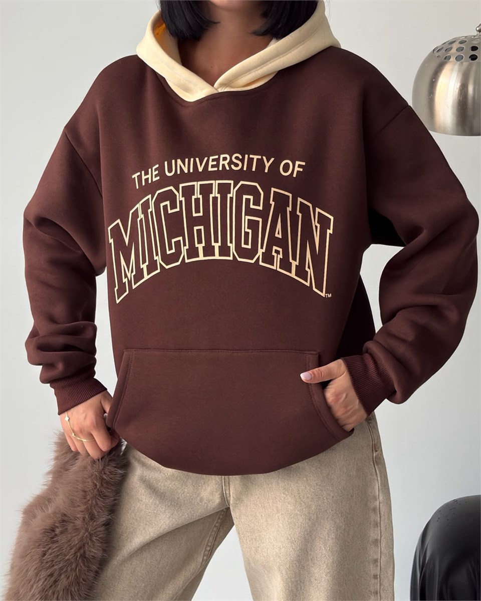 Michigan Baskılı Kapüşonlu Oversize Kahverengi Sweatshirt