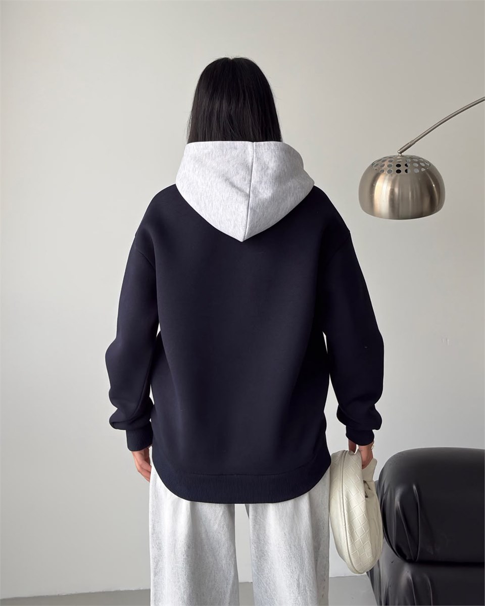 Michigan Baskılı Kapüşonlu Oversize Lacivert Sweatshirt