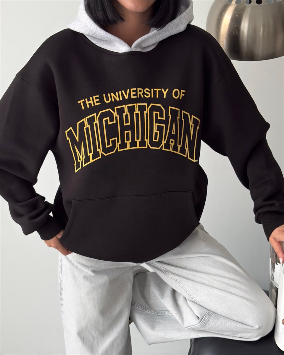 Michigan Baskılı Kapüşonlu Oversize Siyah Sweatshirt