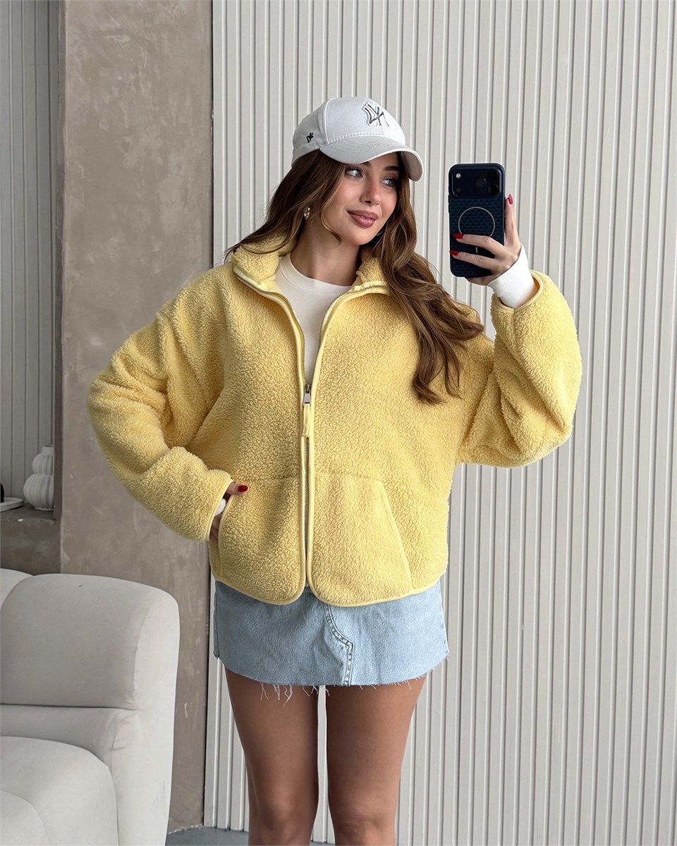Mimoza Fermuarlı Sarı Peluş Ceket