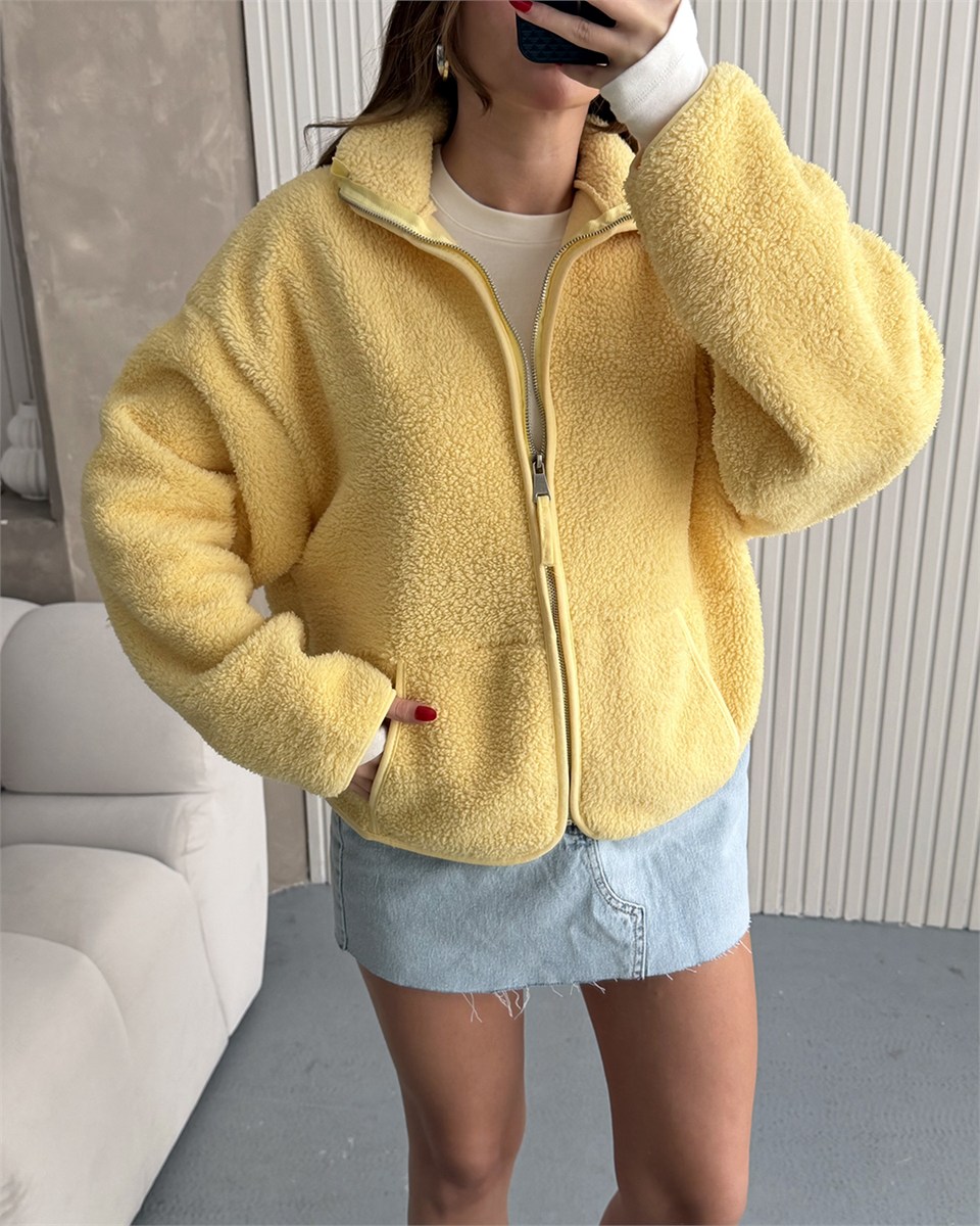 Mimoza Fermuarlı Sarı Peluş Ceket