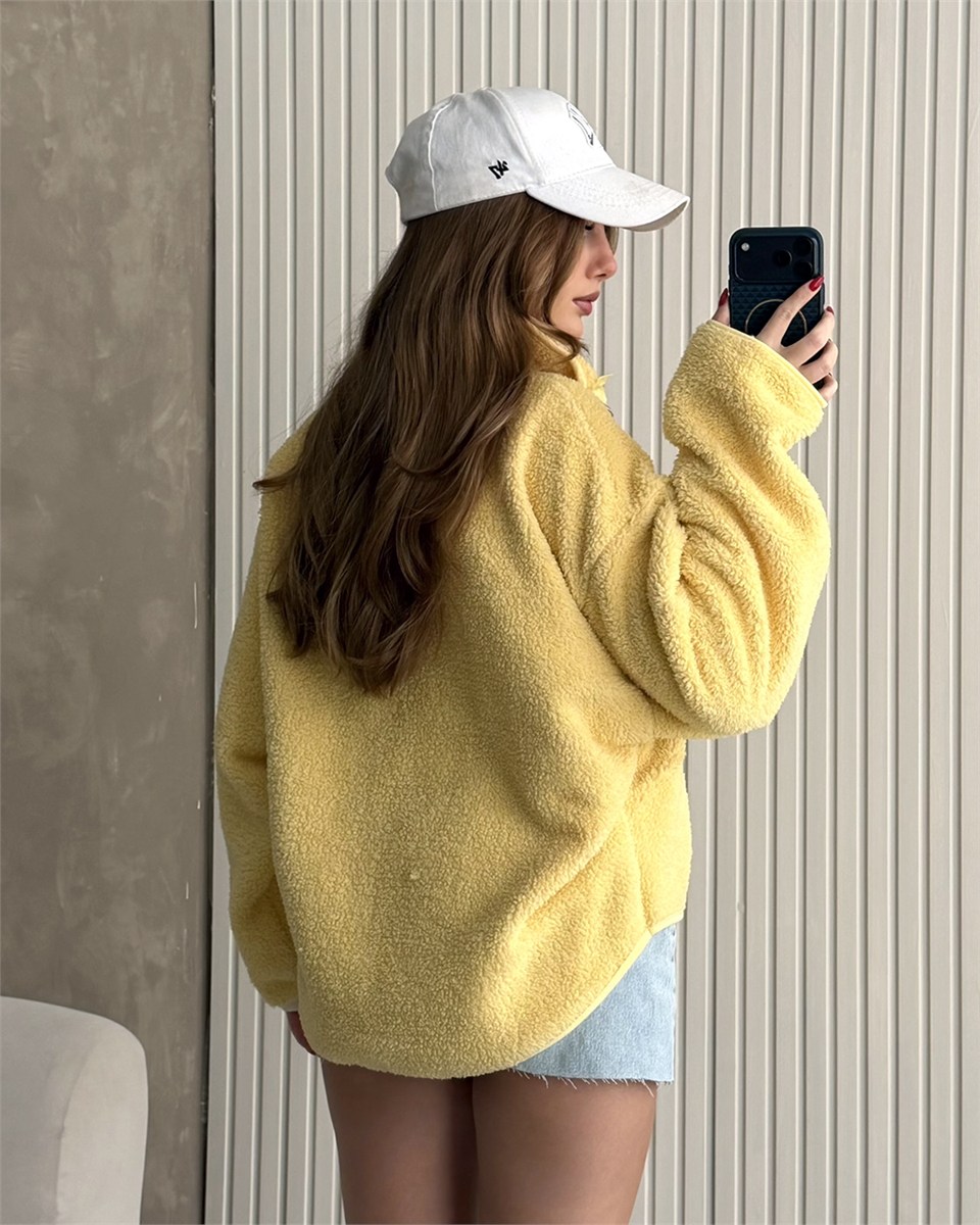 Mimoza Fermuarlı Sarı Peluş Ceket