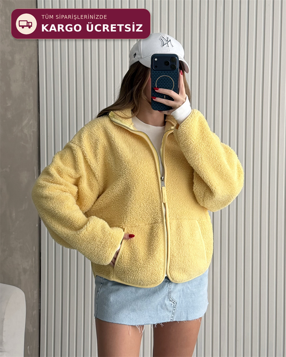 Mimoza Fermuarlı Sarı Peluş Ceket