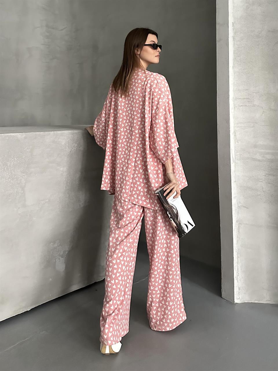 Kalp Desenli Pudra Yazlık Kimono Takım